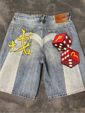 Evisu Jeans X Palace Men’s Blue Denim Shorts Jorts Dice Graphic Size 32